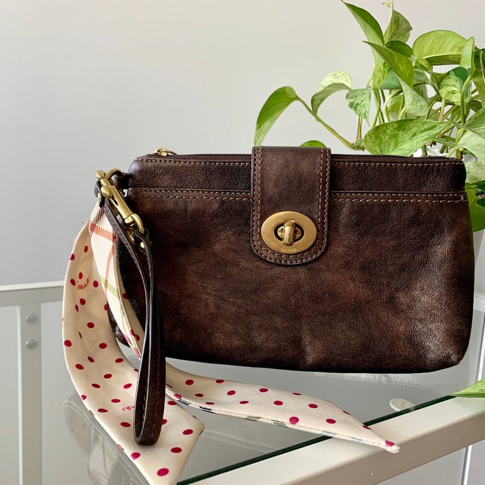 Coach Metallic Bronze Leather and Silk Tie Clutch